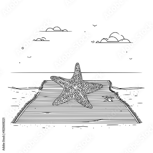 Starfish resting on a striped towel with clouds and birds in the sky in a black and white drawing