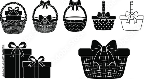 Collection of black and white vector silhouettes featuring gift baskets and present boxes with ribbons, isolated on white background for holiday celebration and shopping events