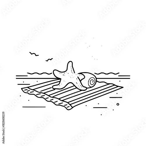 A beach scene with a starfish and a shell on a striped towel with birds flying in the distance