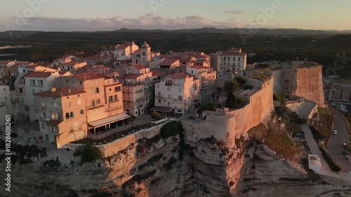 Smooth Aerial Drone Pan Across the Historic Bonifacio Citadel City, Revealing Dramatic White Limestone Cliffs and the Mediterranean Coastline at Golden Hour in Corsica, France.