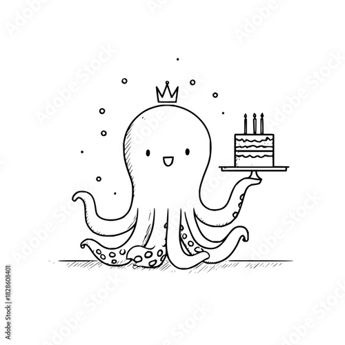 A whimsical line drawing of an octopus wearing a crown and holding a cake with candles on a platter