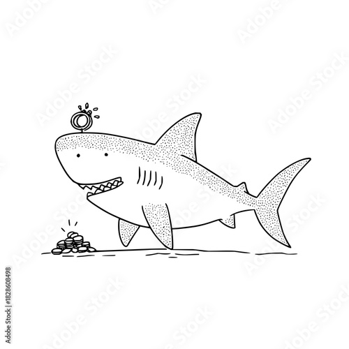Illustration of a shark with a ring on its head standing near a pile of coins in black and white