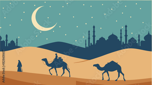 Caravan crossing desert at night with crescent moon