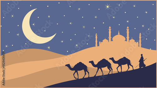 Caravan of camels walking through desert at night
