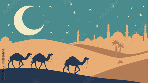 Camels walking through desert night with moon view