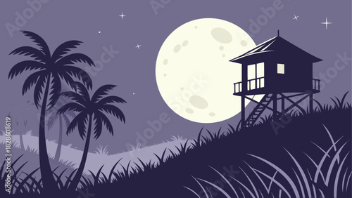 House on hill with moon and palm trees at night