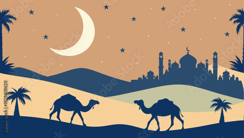 Camels walking in desert with moon and mosque