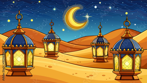 Ramadan lanterns in desert under starry night sky