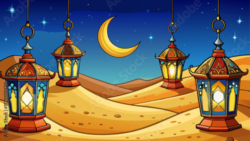 Hanging lanterns with moon in desert at night