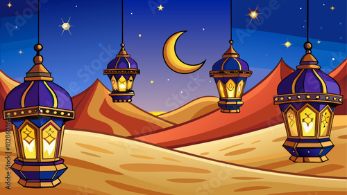 Ramadan lanterns hanging over desert at night