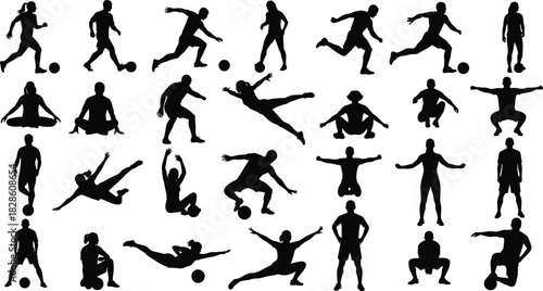 Collection of black silhouettes showing soccer players, fitness exercises, yoga poses, and stretching people, isolated on white background for sports and wellness design vector