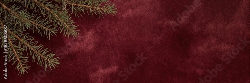 Pine branch on burgundy velvet background for elegant festive holiday or winter seasonal design with space for text