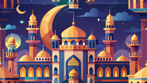 Illustration of a mosque with moon and stars