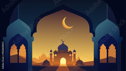 Illustration of mosque with crescent moon at night