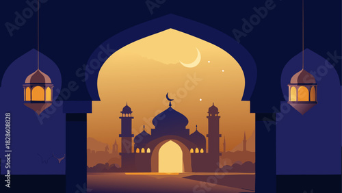 Silhouette of a mosque with crescent moon above it