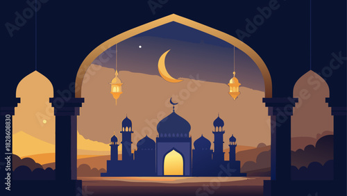 Silhouette mosque against a night sky with moon