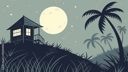 Cabin under moonlight with palm trees scenery