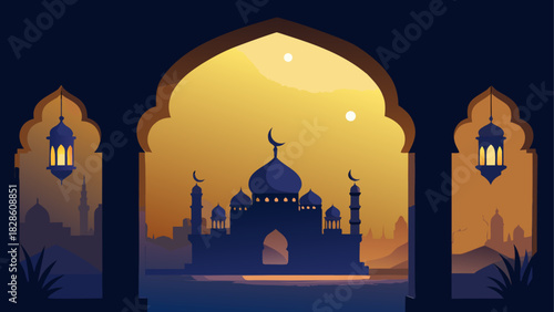 Mosque silhouette with lanterns in window frames
