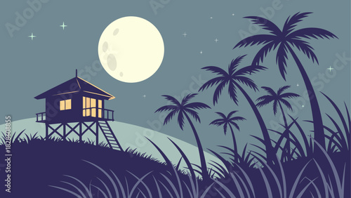 Nighttime scene with hut and palm trees under moon