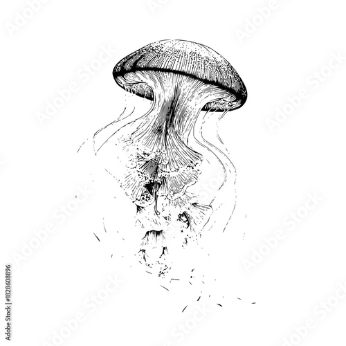 Detailed monochrome drawing of a jellyfish with long tentacles on a white background art piece