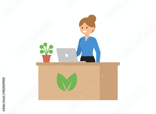 A cheerful vendor stands behind the counter of an organic store, smiling at customers in a green, eco-friendly shop ed with healthy vegan products, depicted as a flat vector illustration on a