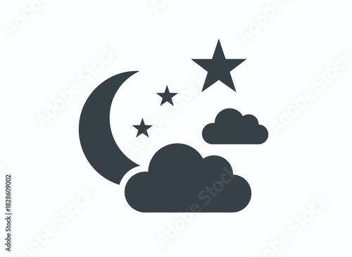 A simple weather icon featuring a half moon or waning crescent with stars and clouds in the sky, symbolizing a cloudy nighttime scene in line art style, presented as a flat vector illustration on a