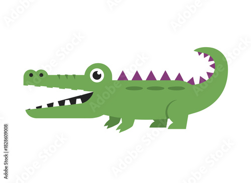 A flat vector illustration of a soft toy crocodile, a childlike plush plaything, smiling green alligator, cute exotic predator amphibian, isolated on a white background