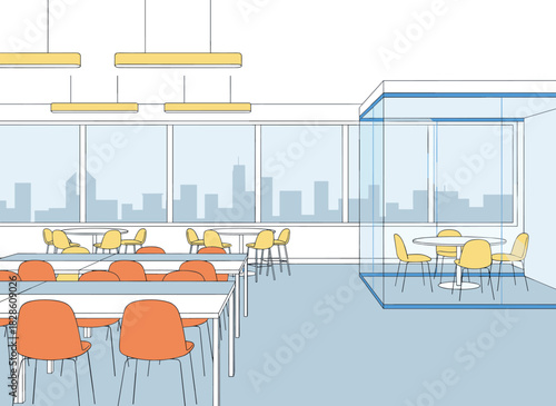 A hand‑drawn illustration of a modern coworking space, featuring an open office interior with computers, laptops, lighting, a resting area, and vibrant horizontal vector sketch