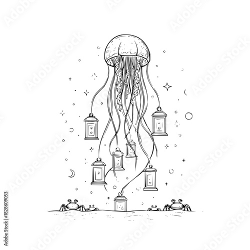 A jellyfish with lanterns hanging from its tentacles above crabs on the sand in a starry scene