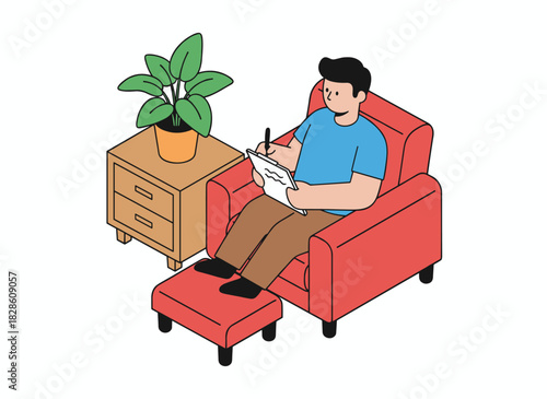 A digital artist sketches on an electronic tablet PC while seated in a cozy armchair at home, using a stylus and pad to create a flat vector illustration set against a white background