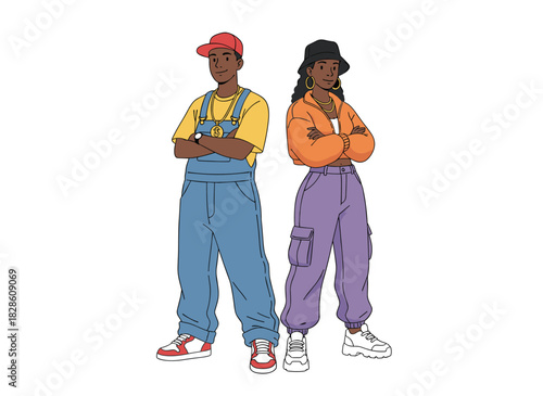 An African American couple in relaxed attire, depicted as rappers, appealing to young rap and R'n'B fans, portrayed as charming male and female cartoon characters against a white backdrop in a
