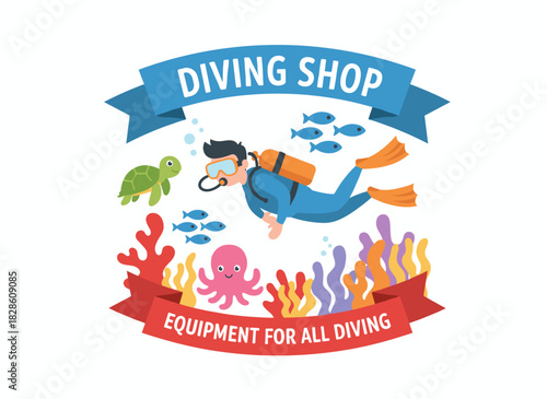 Design a web banner for a diving shop featuring a diver with an aqualung and snorkeling gear, promoting an online store, set against a marine equipment website advertising background template