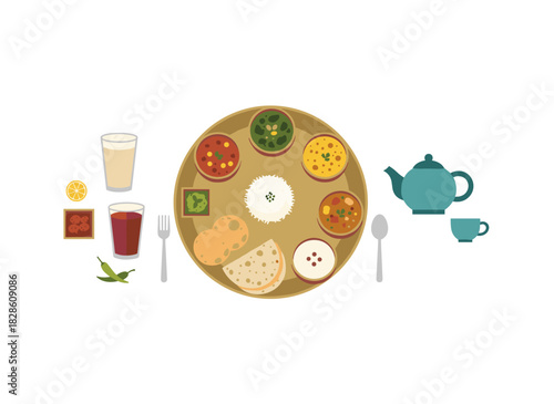 Traditional festive Indian cuisine, including naan, kati rolls, litti chokha, and masala chai, served as a Hindu national holiday meal in India, illustrated in flat vector style on a white background