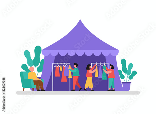 A man tries on a jumper in front of a mirror inside a street market tent, illustrated in flat vector style, while people select clothes at a rag fair or isolated marketplace, and a consultant meets