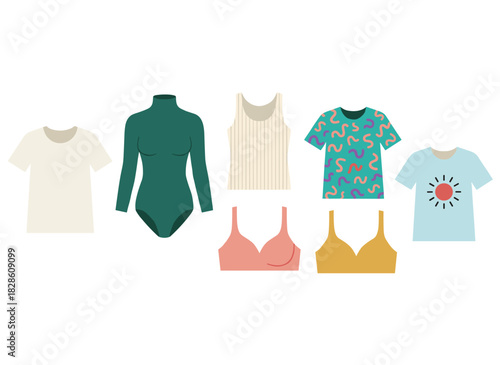 A collection of casual women's upper-body apparel, including tops, t-shirts, bodysuits, and summer wear, presented in a modern fashion set with flat graphic vector illustrations on a white background