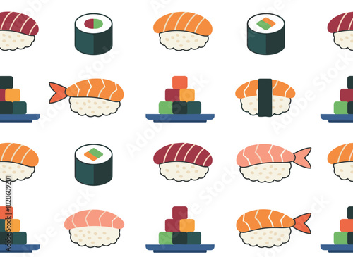 A seamless pattern featuring sushi, sashimi, and rolls against a black backdrop, showcasing appetizing traditional Japanese dishes in an elegant hand‑drawn vector style suitable for fabric prints and