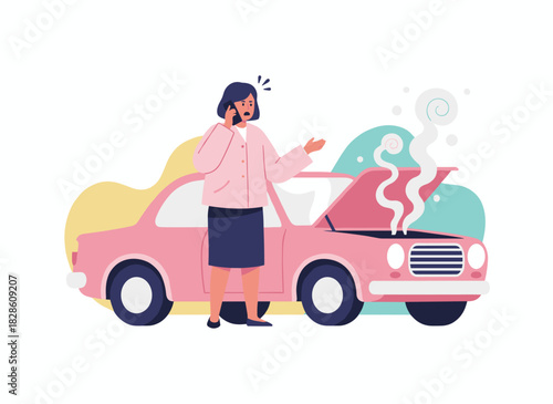 A woman is calling for help and talking on her mobile phone after a car accident, while the driver speaks on a smartphone with a repair service near the damaged vehicle, depicted as a flat vector