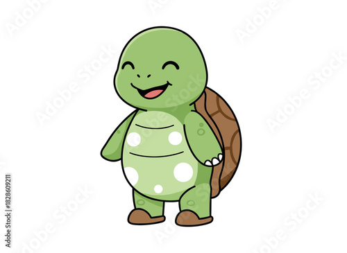 Adorable, cheerful green turtle giggling while clutching its belly, a playful tortoise perched on its hind legs, serving as a lively mascot, depicted in a childlike flat vector style against a white