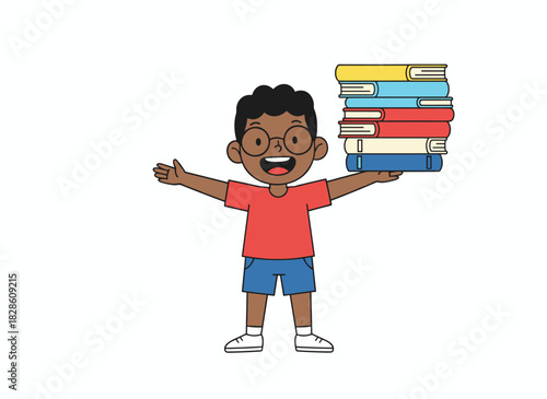A child wearing glasses holds a stack of books, a cute student carrying literature from the library, symbolizing school education and study, depicted as a flat vector illustration on a white