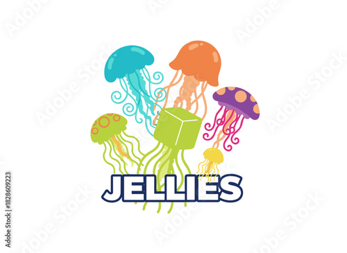 Jellyfish, also called medusae, shown as underwater creatures with tentacles, gelatinous marine invertebrates, presented as a colored flat vector illustration on a white background