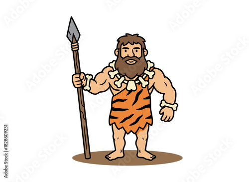 An ancient, primitive man in an animal-skin loincloth holds a spear, depicted as a Stone Age caveman warrior or hunter in a flat cartoon illustration against a white background