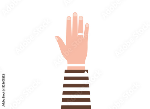 A woman's raised hand, adorned with jewelry, shown palm‑up, with a ring on the index finger, a bracelet on the wrist, and a jacket cuff, depicted as a flat vector illustration on a white background