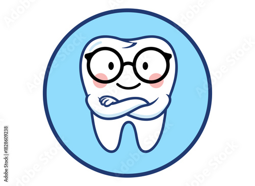 A cheerful tooth wearing glasses, serving as a smart and happy mascot for a dental or orthodontic clinic, depicted as a funny, friendly cartoon character on a blue background in a flat, colorful