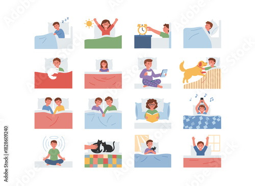 A woman in bed, asleep while eating and watching her phone, experiences both pleasant and unpleasant dreams, feeling relaxed yet exhausted, with sleepless girls; she suffers from insomnia at night