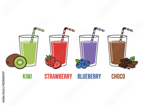 A collection of vibrant horizontal web banners featuring smoothies composed of tropical fruits, berries, and chocolate, served in plastic glasses with lids and straws as healthy cocktails—vector