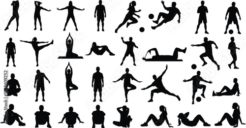 Collection of black vector silhouettes showing people doing yoga, playing soccer, stretching exercises, sitting men and women, fitness workout poses, isolated on white background