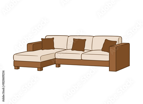 A large, comfortable corner sofa viewed from above, featuring soft lounge furniture with pillows and cushions for a cozy living room, presented as a flat vector illustration on a white background