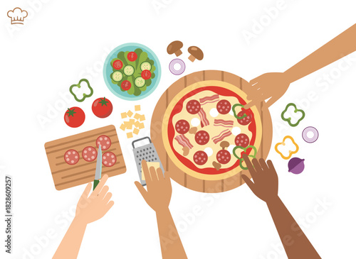 Illustration of a top‑down view of the cooking process, showing family members preparing a homemade pizza with cheese, tomato, bacon, and meat, ready for eating, rendered as a flat vector