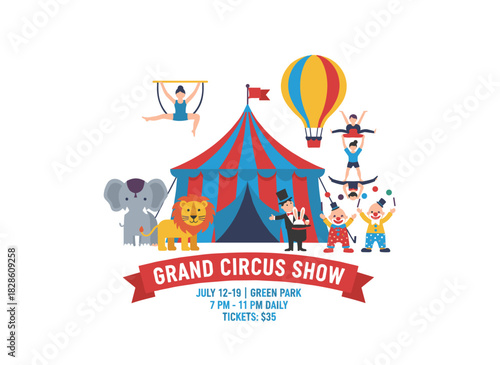 Shapito circus promo poster featuring a humorous clown, a female juggler on a unicycle, a trained horse, a rabbit, and a magic act, with a placeholder for text, rendered as a flat vector cartoon