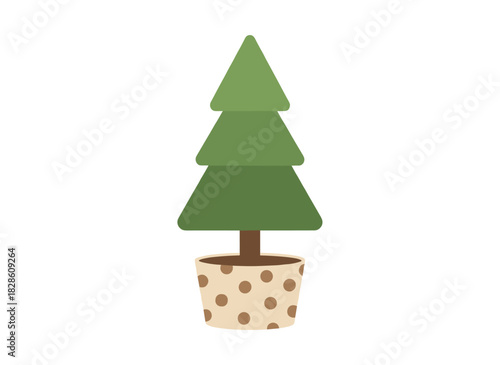 A real fir tree with bare branches, growing in a pot, serves as a natural, minimalist evergreen decoration for Christmas, depicted as a flat vector illustration on a white background